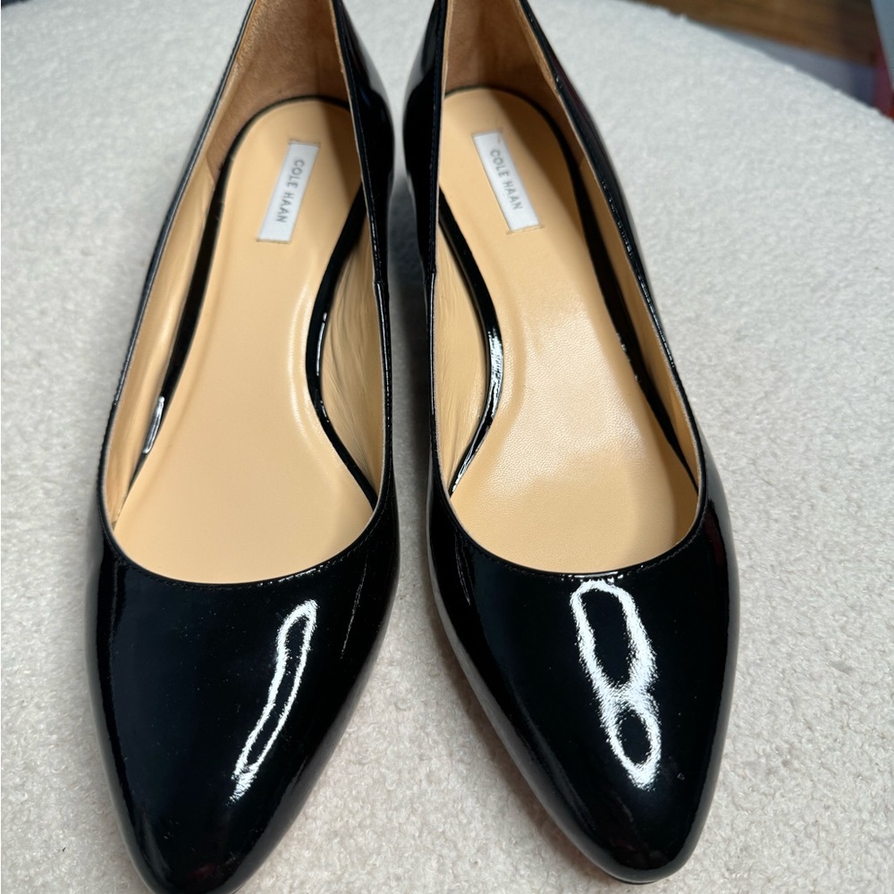 NWT Cole Haan black patent wedge almond toe heel